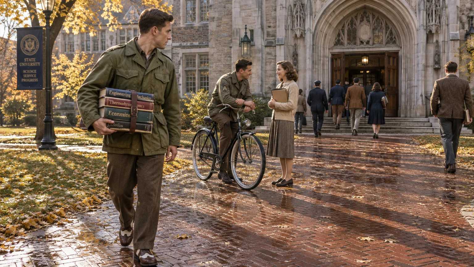 A young man in military attire carries books across a brick campus pathway outside a collegiate gothic building.