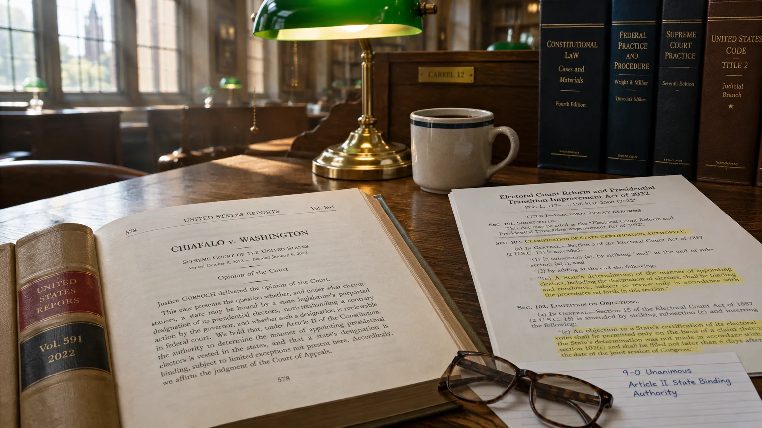 Law books, glasses, coffee, and printed legal papers concerning Chiafalo v. Washington on a library desk under a green lamp.