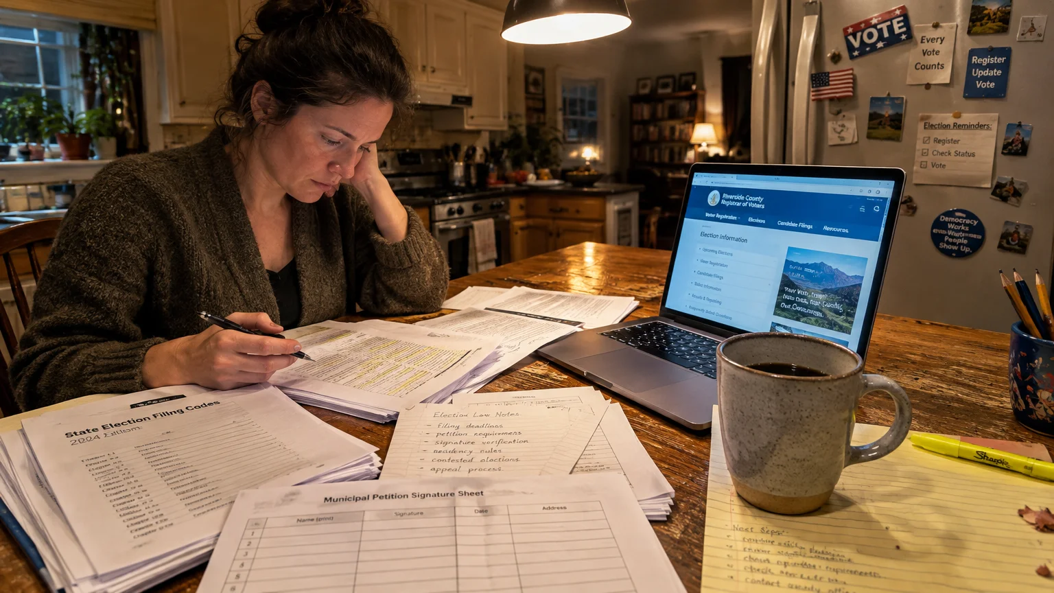 Woman sits at a wooden table reviewing petition papers, notes, and a laptop open to a county registrar website.