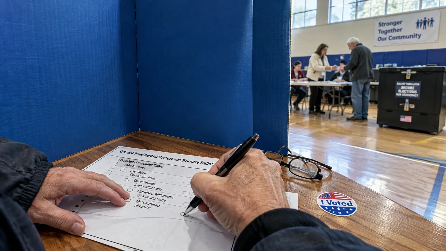 A person filling out an Official Presidential Preference Primary Ballot inside a blue privacy voting booth.