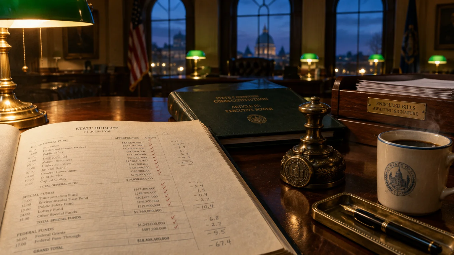 A state budget ledger, executive seal, and desk lamp on a wooden desk overlooking a capitol dome at twilight.
