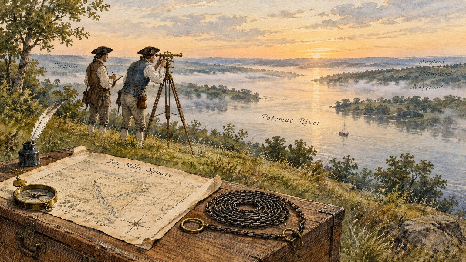 Two colonial surveyors with a theodolite overlooking the Potomac River at sunrise, with maps and tools in the foreground.