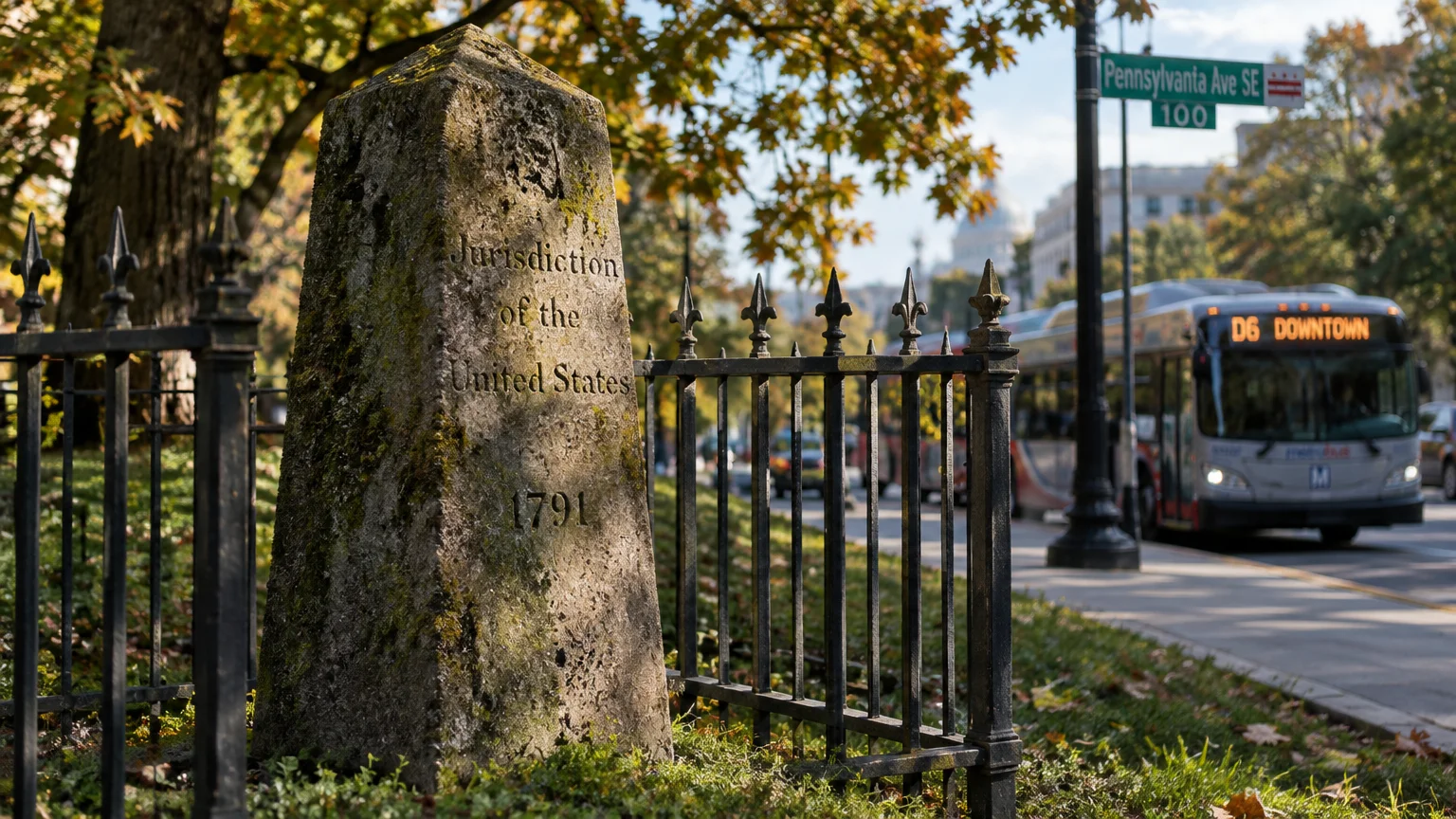Historic 1791 stone boundary marker enclosed by an iron fence along a city street with a passing bus.