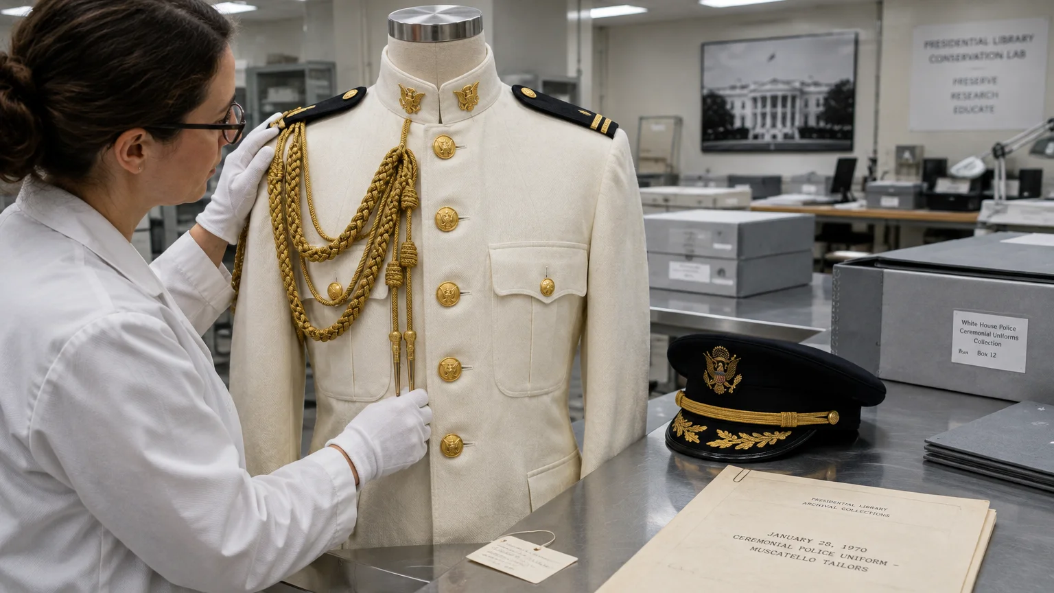 Conservator in white gloves examining an ornate white ceremonial uniform jacket mounted on a mannequin in an archive.