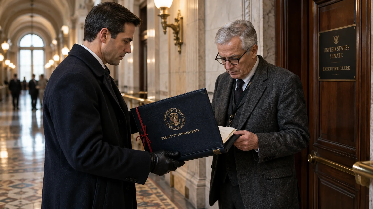 Two men in suits review an Executive Nominations binder outside the United States Senate Executive Clerk office.