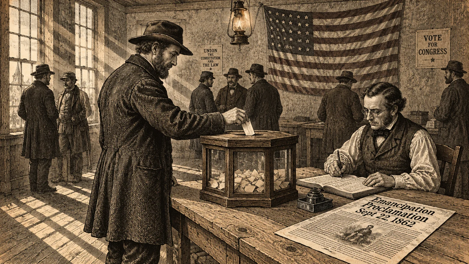 A man drops a ballot into a glass box beside an Emancipation Proclamation paper in a 19th-century polling room.