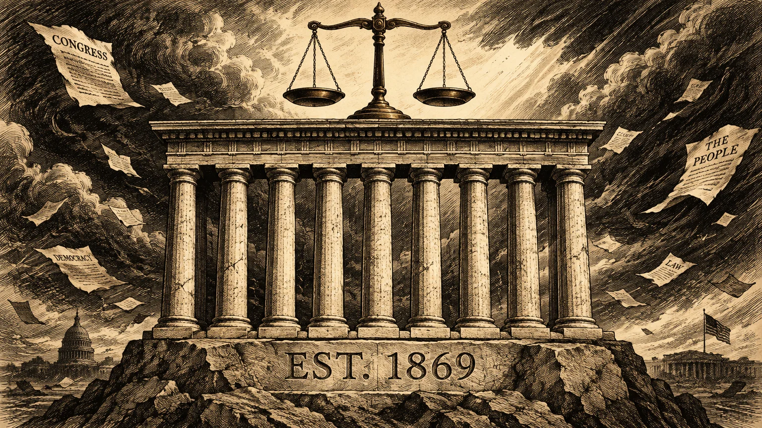 Classical structure with nine stone columns, scales of justice on top, and EST. 1869 carved into the rocky base.
