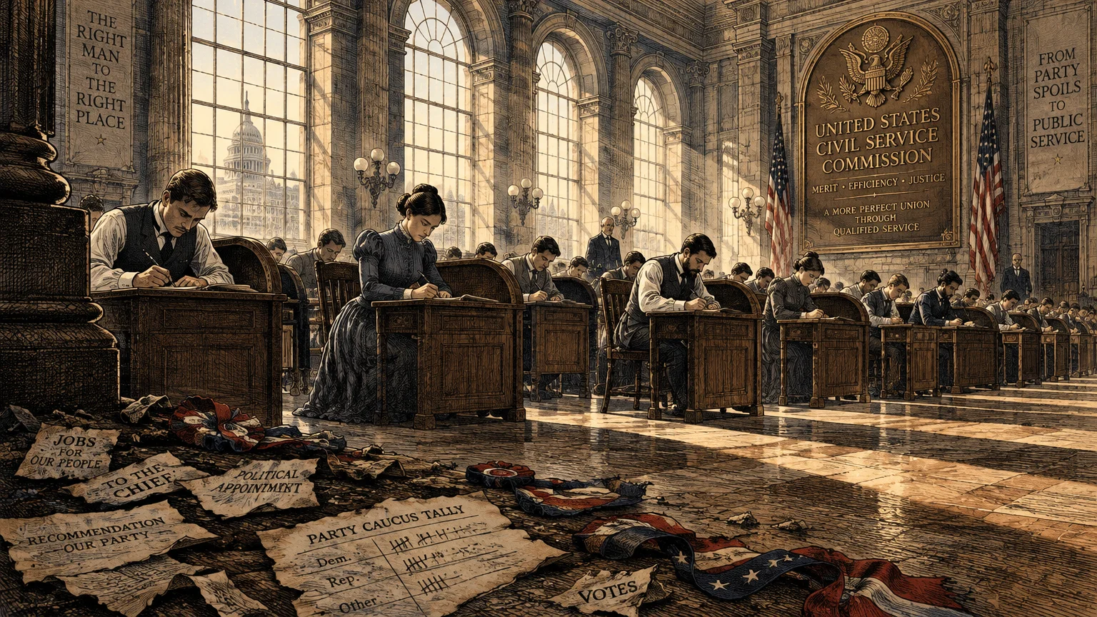Illustration of people taking civil service exams at wooden desks beneath a United States Civil Service Commission sign.