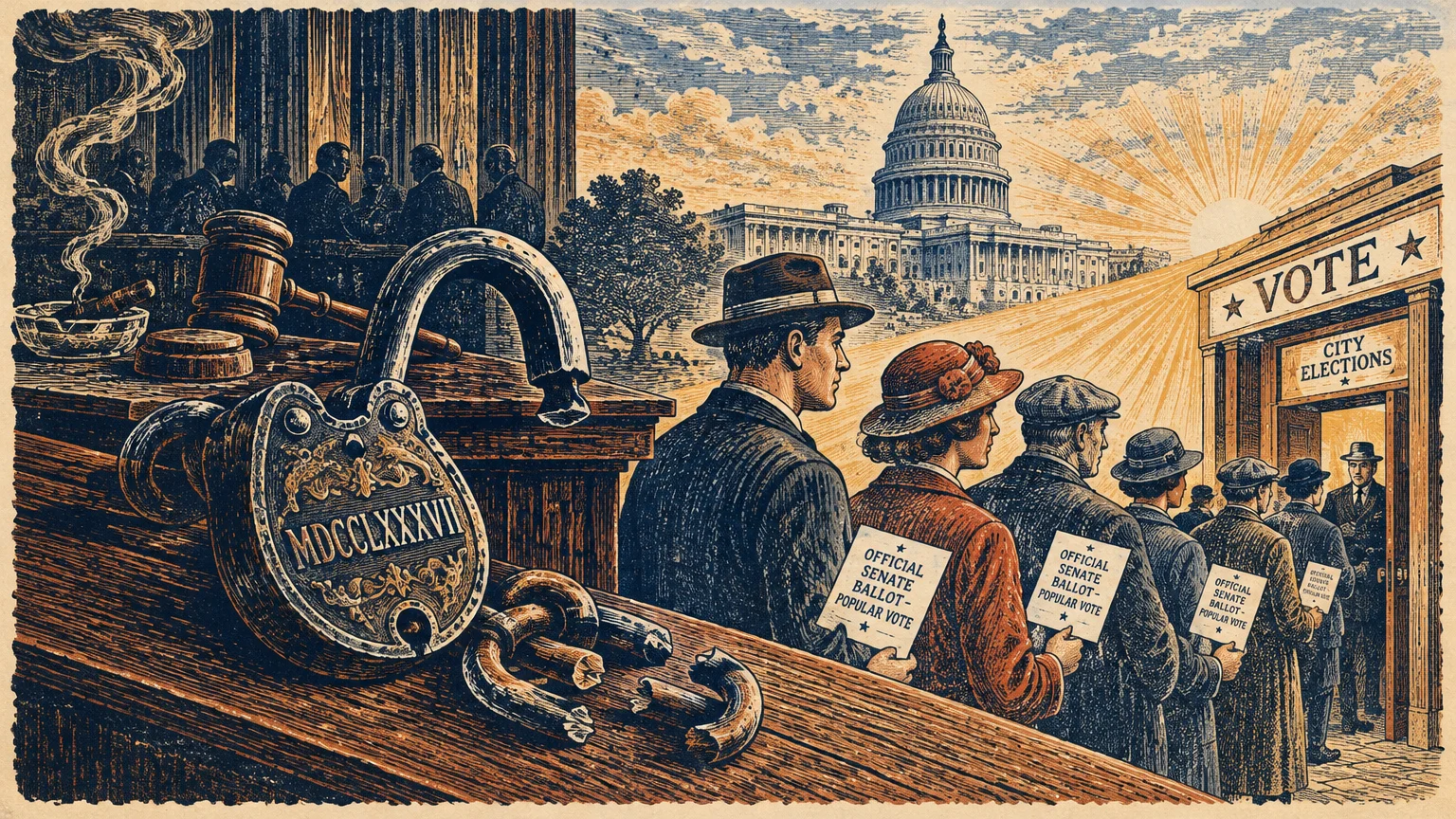 Illustration of voters holding Senate ballots in line before a voting entrance, next to a broken padlock and the Capitol.